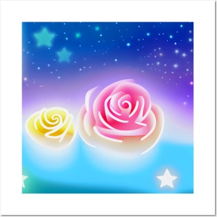 Neon Flowers on a Starry Pastel Sky (MD23Ar103) Posters and Art